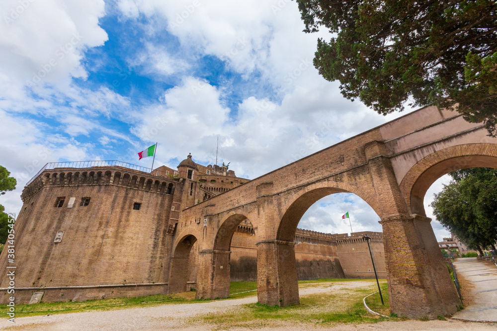 The Mausoleum of Hadrian, usually known as Castel Sant Angelo (English: Castle of the Holy Angel). Towering cylindrical building in Parco Adriano, Rome, Italy.