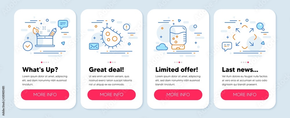 Set of Technology icons, such as Bacteria, Creativity concept, Water cooler symbols. Mobile app mockup banners. Maximize line icons. Antibacterial, Graphic art, Office drink. Full screen. Vector Set of Technology icons, such as Bacteria, Creativity concept, Water cooler symbols. Mobile app mockup banners. Maximize line icons. Antibacterial, Graphic art, Office drink. Full screen. Vector