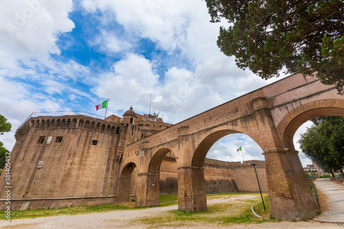 The Mausoleum of Hadrian  usually known as Castel Sant Angelo  English  Castle of the Holy Angel . Towering cylindrical building in Parco Adriano  Rome  Italy.