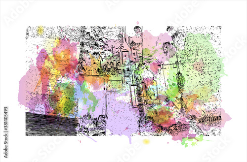 Building view with landmark of Bayamo is the capital city of the Granma Province of Cuba. Watercolor splash with hand drawn sketch illustration in vector.