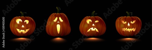 Halloween carved spooky pumpkin set. Isolated smiling, cute, funny, happy, scary, creepy faces. October holiday decoration vector illustration. Glowing with light or lantern objects on black
