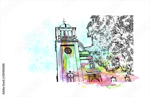 Building view with landmark of Bayamo is the capital city of the Granma Province of Cuba. Watercolor splash with hand drawn sketch illustration in vector.