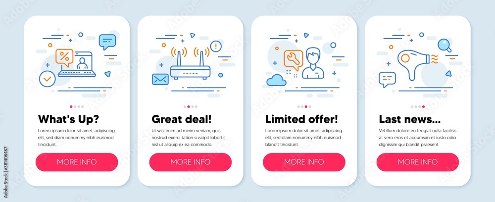 Set of Technology icons, such as Repairman, Wifi, Online loan symbols. Mobile screen app banners. Hair dryer line icons. Repair service, Internet router, Discount percent. Hairdryer. Vector Set of Technology icons, such as Repairman, Wifi, Online loan symbols. Mobile screen app banners. Hair dryer line icons. Repair service, Internet router, Discount percent. Hairdryer. Vector