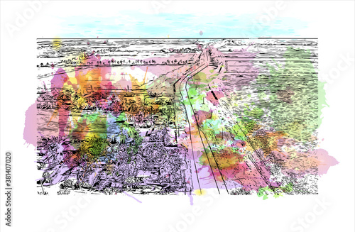 Building view with landmark of Bayamo is the capital city of the Granma Province of Cuba. Watercolor splash with hand drawn sketch illustration in vector.