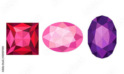 Gems and Diamonds of Different Shape and Color with Facet Vector Set