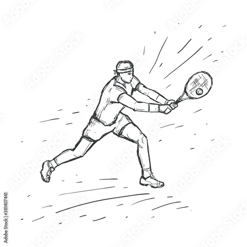 Tennis player with racquet. Sketch vector hand drawn Illustration. Sport concept. Black line isolated on white