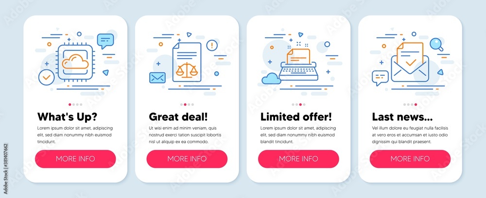 Set of Education icons, such as Legal documents, Typewriter, Cloud computing symbols. Mobile screen app banners. Approved mail line icons. Justice scale, Instruction, Computer storage. Vector