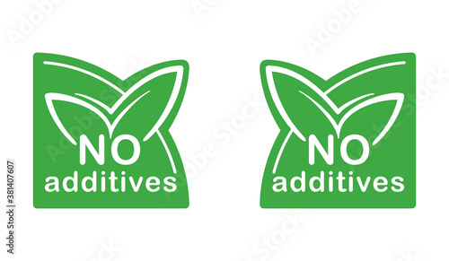 No additives sign for healthy natural  food products label - pictogram in 2 variations with plant leaf for placement in bottom corner of layout - left or right