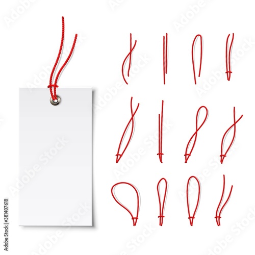 Empty white price tag with different red ropes tied set