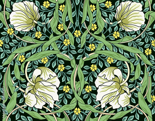 Vintage white flowers and green foliage seamless ornament. Vector illustration.