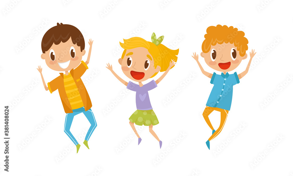 Little Boy and Girl Jumping with Joy and Excitement Vector Set Little Boy and Girl Jumping with Joy and Excitement Vector Set