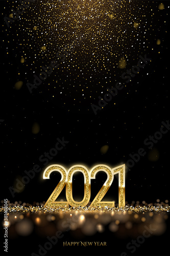 Happy new year banner vector template. Winter holiday, christmas congratulations. Festive postcard, luxurious greeting card concept. 2021 number with golden glitter illustration with text space.