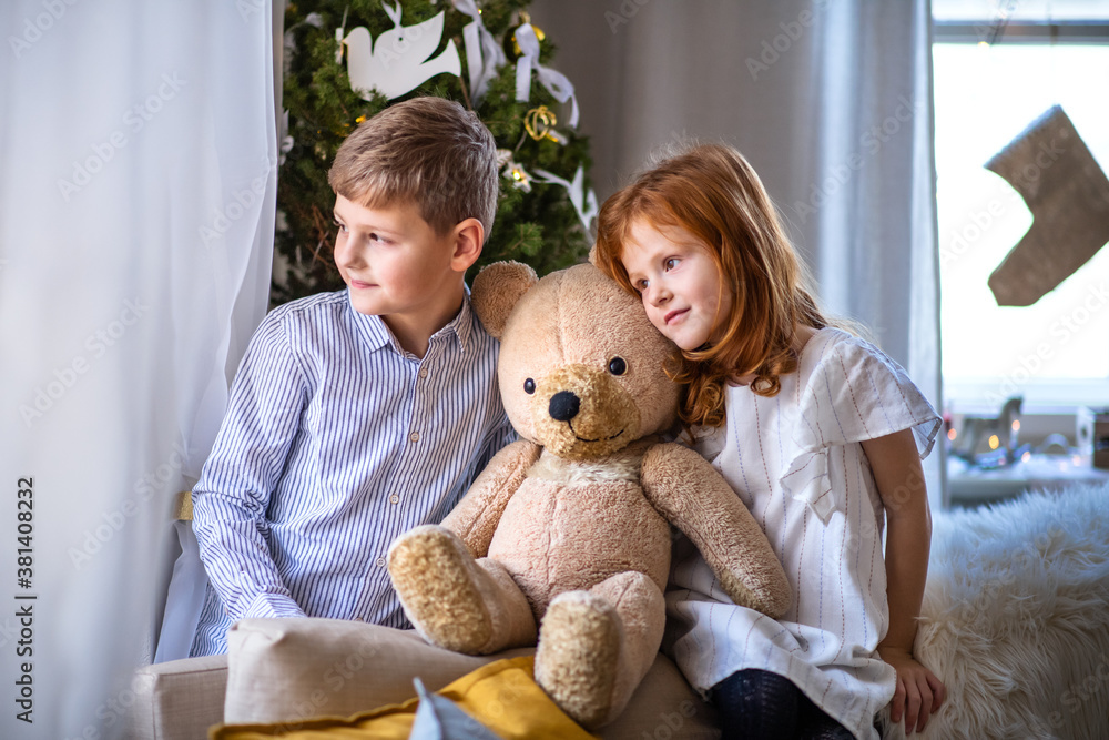 Small girl and boy indoors at home at Christmas, holding teddy bear. Small girl and boy indoors at home at Christmas, holding teddy bear.