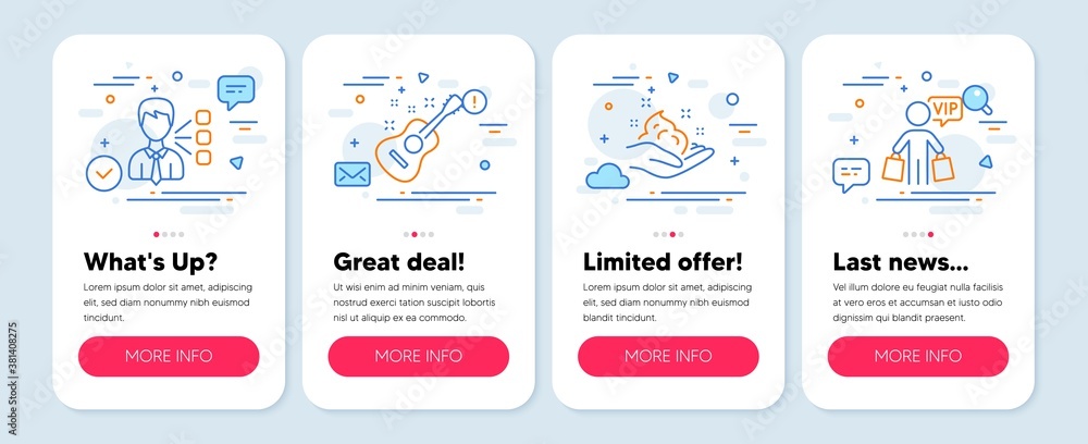 Set of Business icons, such as Skin care, Third party, Guitar symbols. Mobile app mockup banners. Vip shopping line icons. Hand cream, Team leader, Acoustic instrument. Exclusive privilege. Vector Set of Business icons, such as Skin care, Third party, Guitar symbols. Mobile app mockup banners. Vip shopping line icons. Hand cream, Team leader, Acoustic instrument. Exclusive privilege. Vector
