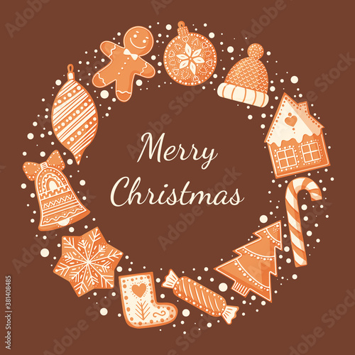 Christmas wreath with gingerbread cookies. Design for Christmas and New Year card, poster, banner, postcard, print. Vector illustration.