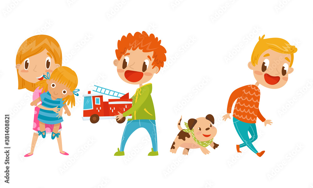 Active Kids Playing with Toy Doll and Car Vector Set Active Kids Playing with Toy Doll and Car Vector Set