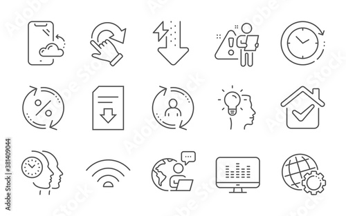 Wifi, Loan percent and Music making line icons set. Rotation gesture, Idea and User info signs. Globe, Time change and Smartphone cloud symbols. Line icons set. Vector