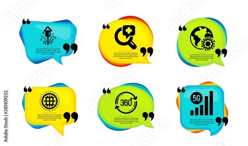 Coronavirus, Fireworks and Globe icons simple set. Speech bubble with quotes. Full rotation, Medical analyzes and 5g wifi signs. Pandemic infection, Christmas pyrotechnic, Internet world. Vector
