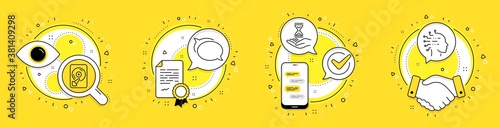 Talk bubble, Hdd and Time hourglass line icons set. Licence, cell phone and deal vector icons. Artificial intelligence sign. Chat message, Memory disk, Sand watch. Mind intellect. Business set. Vector