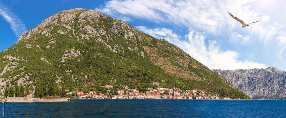 Perast old town distant view, beautiful Adriatic panorama, Montenegro