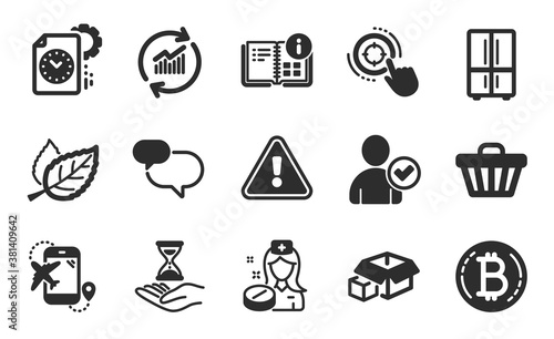 Shop cart, Flight destination and Bitcoin icons simple set. Refrigerator, Seo target and Chat message signs. Time hourglass, Identity confirmed and Update data symbols. Flat icons set. Vector