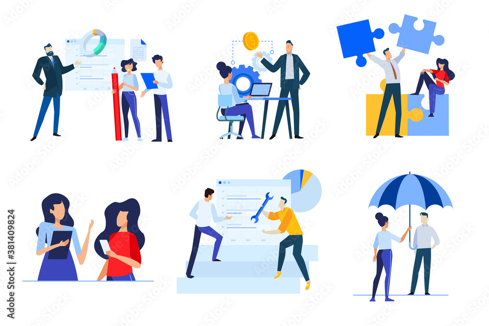 Set of business people concepts. Vector illustrations of business solutions, project management, insurance, seo, teamwork.