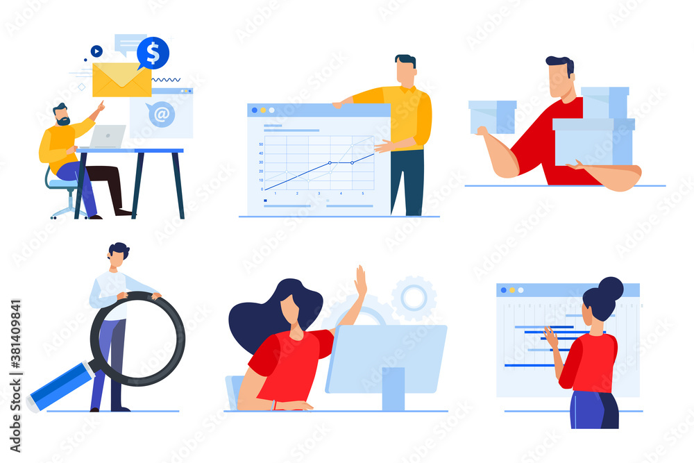 Set of business people concepts. Vector illustrations of ta analytics, business presentation, planning, social media, human resources, delivery, seo.