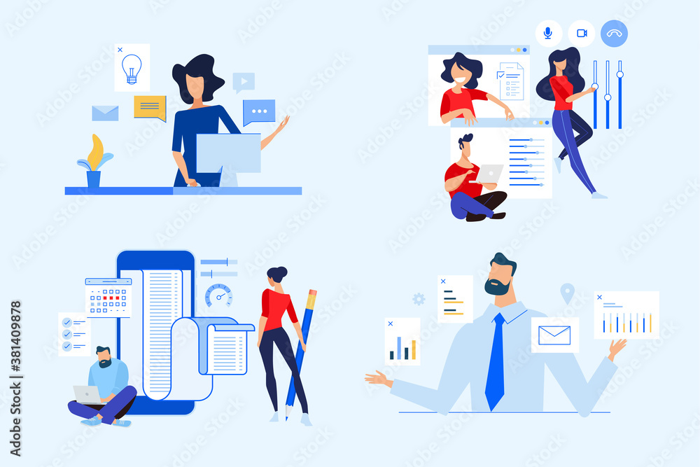 Set of business people concepts. Vector illustrations of online working, social media, video meeting, business planning, team management. Set of business people concepts. Vector illustrations of online working, social media, video meeting, business planning, team management.