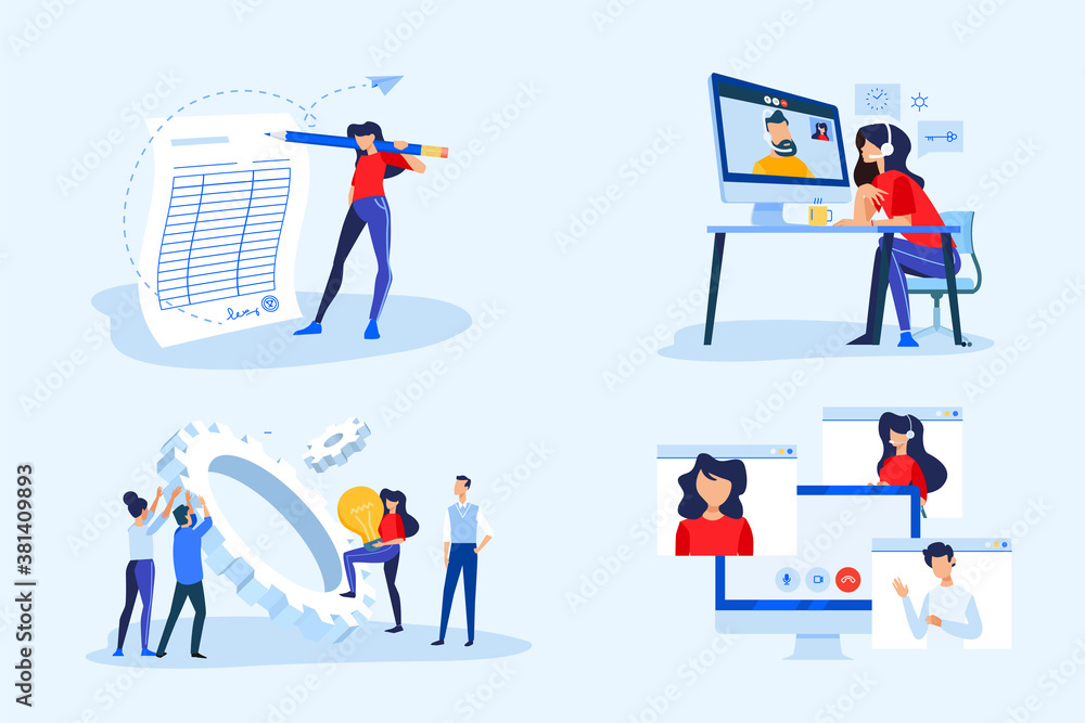 Set of business people concepts. Vector illustrations of video meeting, conference call, work from home, project development, business contract, electronic signature.