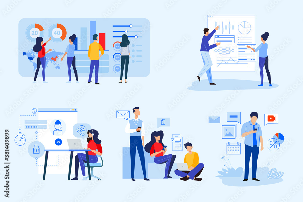 Set of business people concepts. Vector illustrations of market research, global trending, technical support, digital communication, social network, business planning, data analytics. Set of business people concepts. Vector illustrations of market research, global trending, technical support, digital communication, social network, business planning, data analytics.