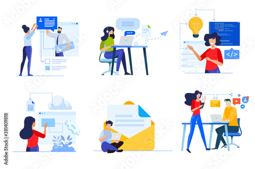 Set of business people concepts. Vector illustrations of online communication, web development, coding, cloud computing, support, digital marketing, social network.