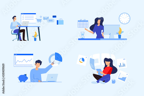 Set of business people concepts. Vector illustrations of big data analytics, market research, business strategy, e-commerce. © PureSolution
