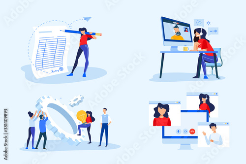 Set of business people concepts. Vector illustrations of video meeting, conference call, work from home, project development, business contract, electronic signature.
