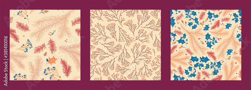 Vivid Christmas banners set with isolated tree branches. Calm winter sale fair — flyer, poster with soft Xmas seamless floral pattern. Old-fashioned New Year greeting card. Holiday botanical banners.