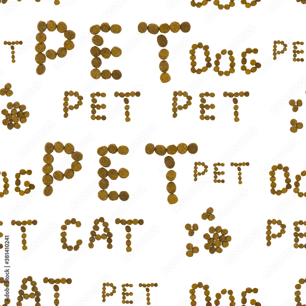 pet food pattern seamless. Words cat, dog and pet made from dry food on white