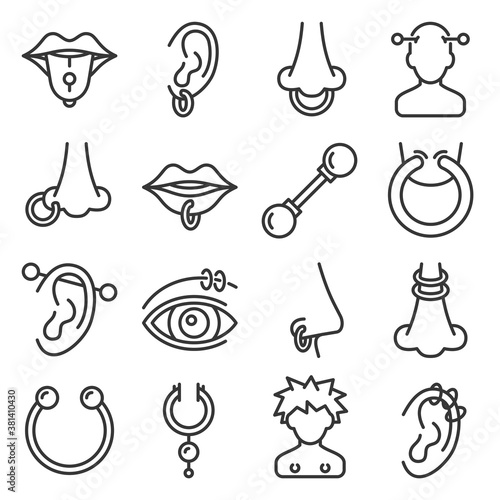 Body Piercing and Piercings Jewelry Icons Set. Vector
