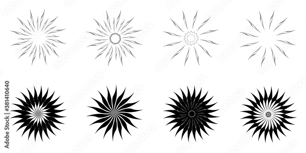 Vector collection of silhouette, Sunflower sun stars flower sunburst banner logo element icons vector illustration, abstract background texture pattern seamless wallpaper graphic design modern style 