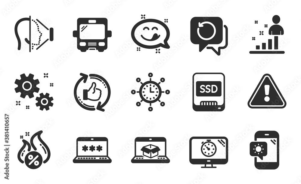 Refresh like, Recovery data and Face id icons simple set. Laptop password, Yummy smile and Stats signs. Seo timer, Bus and Online delivery symbols. Ssd, World time and Weather phone. Vector Refresh like, Recovery data and Face id icons simple set. Laptop password, Yummy smile and Stats signs. Seo timer, Bus and Online delivery symbols. Ssd, World time and Weather phone. Vector