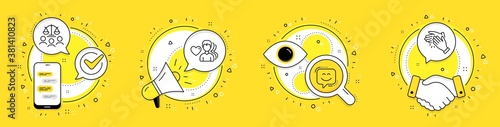 Man love, Smile face and Court jury line icons set. Cell phone, megaphone and deal vector icons. Clapping hands sign. Romantic people, Chat, Justice scale. Clap. People set. Vector