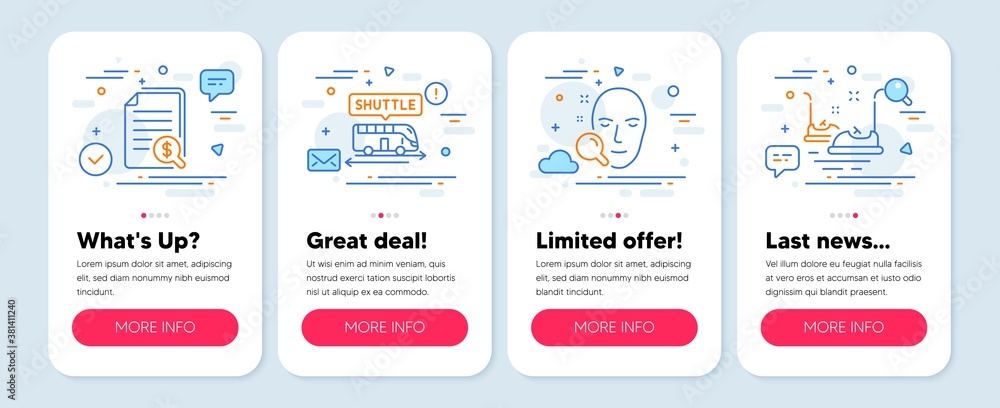 Set of Business icons, such as Shuttle bus, Face search, Financial documents symbols. Mobile app mockup banners. Bumper cars line icons. Terminal transfer, Find user, Check docs. Carousels. Vector