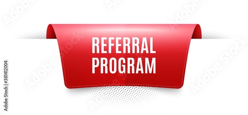 Referral program symbol. Red ribbon label tag. Refer a friend sign. Advertising reference. Infographics price tag banner. Referral program badge shape. Website ribbon label banner. Vector