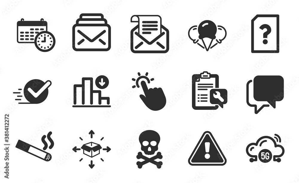 Talk bubble, Unknown file and Smoking icons simple set. Spanner, Parcel delivery and Chemical hazard signs. Decreasing graph, Calendar and Checkbox symbols. 5g cloud, Mail and Ice creams. Vector Talk bubble, Unknown file and Smoking icons simple set. Spanner, Parcel delivery and Chemical hazard signs. Decreasing graph, Calendar and Checkbox symbols. 5g cloud, Mail and Ice creams. Vector