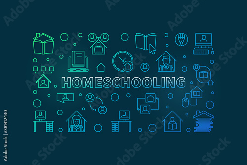 Homeschooling vector Education concept colorful linear horizontal illustration or banner on dark background