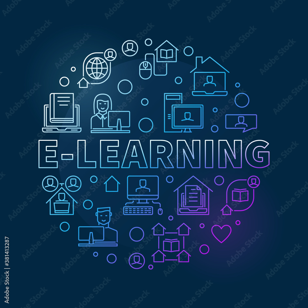 E-Learning vector concept linear colorful round illustration on dark background
