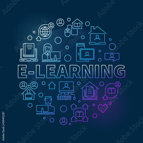 E-Learning vector concept linear colorful round illustration on dark background