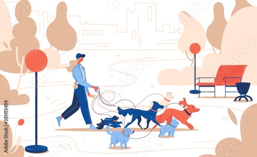 Dog sitter walking at park with lots of dogs. Vector concept outdoor illustration