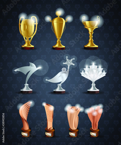Vector gold, silver and bronze winners ' cups. Vector illustration.