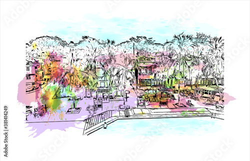 Building view with landmark of Bayamo is the capital city of the Granma Province of Cuba. Watercolor splash with hand drawn sketch illustration in vector.