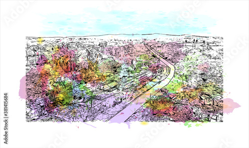 Building view with landmark of Bayamo is the capital city of the Granma Province of Cuba. Watercolor splash with hand drawn sketch illustration in vector.