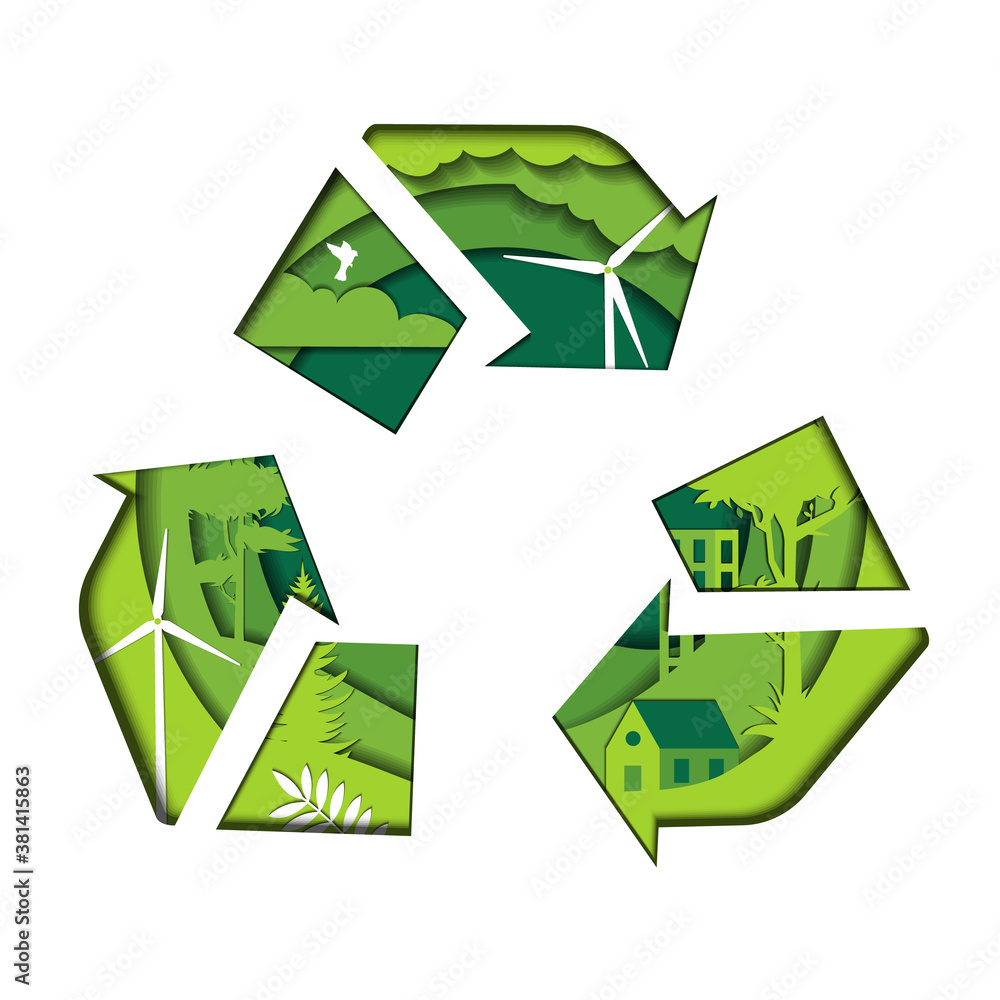Obraz premium Eco Friendly, Recycling, Environment Conservation Concept. Layered Light Green Recycle Sign Decorated WIth Parts Of Green Environment, Isolated On White Background. Flat Style Vector Illustration
